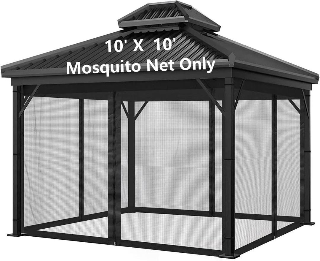Mosquito Net for Outdoor Gazebo Canopy 4-Panel Canopy Screen Wall with 4 Zippers for 10 x 10' Patio Gazebo and Tent (Mosquito Net Only) 10' x 10' Black (Black with rings four doors)