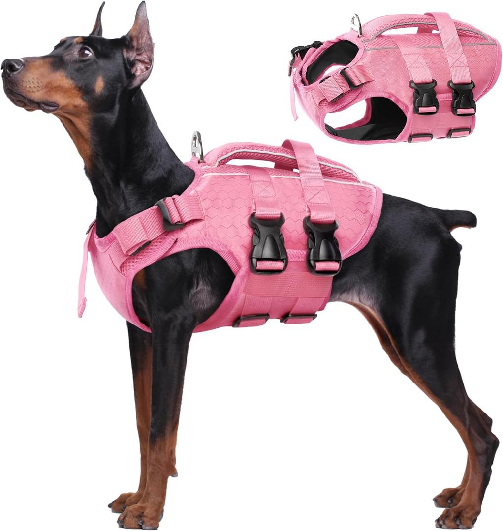 Kuoser Dog Life Jacket High Flotation, Reflective Dogs Life Vest for Swimming Boating, Adjustable Small Medium Large Dog lifejacket, Lightweight Dogs Life Preserver Rescue Handle Spring Summer Pool (X-Large (Chest Girth:25.9-33.4''), Pink)