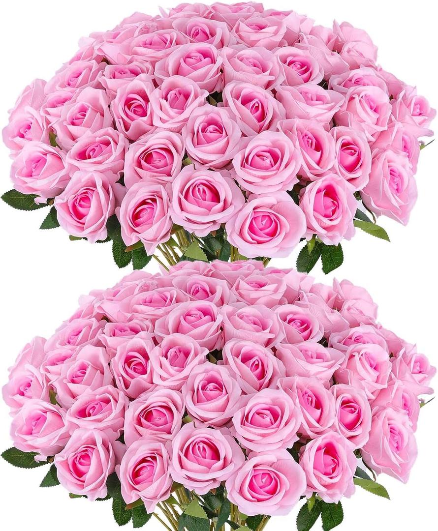 Hananona 50 Artificial Roses in Bulk, Fake Silk Pink Roses Realistic Roses for Wedding Centerpieces Flower Arrangement Home Decor (50, Pink)