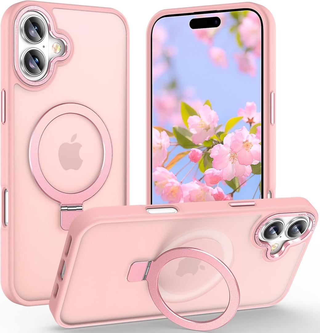 Magnetic for iPhone 17 Case with Ring Stand, [10 FT Drop Protection] [Velvety Touch] Slim Translucent Matte Back Shockproof Phone Case for iPhone 17 6.3'', Pink
