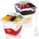 JOLLY CHEF 100 Pack 2 oz Mini Dessert Cups with Spoons and Lids, Square Tall Clear Plastic Parfait Appetizer Cup Small Serving Bowl for Party Desserts Appetizers