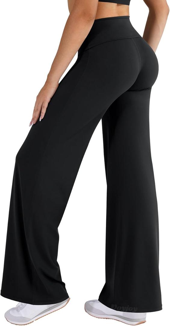 VOYJOY Fold Over Straight Leggings Womens Wide Leg Yoga Pants No Front Seam 31.5" Mid Low Waist Stretch Sweatpants (Medium, Black)