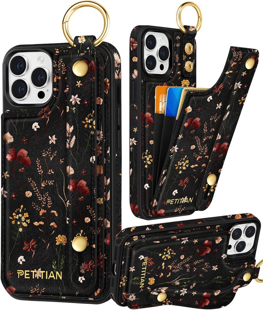 Petitian for iPhone 12/12 Pro Case with Wallet - Women Girls Cute Girly Aesthetic Unique Design Leather Credit Card Holder Cardholder Stand Wristband for iPhone 12/12 Pro, Grow Flower