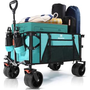 Navatiee Big Wheels Collapsible Wagon Cart Foldable, Heavy Duty Beach Wagon with Silent All-Terrain Wheels, Folding Utility Grocery Cart with Side Pocket and Brakes for Camping Garden Sports, Blue (Light Blue)