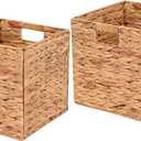 Water Hyacinth Storage Baskets 11x11x11 Inch Wicker Storage Cubes Set of 2Baskets,Handwoven Foldable Wicker Cubes with Sturdy Handles, Rustic Laundry Organizer for Bedroom Shelves, Kitchen, Bathroom