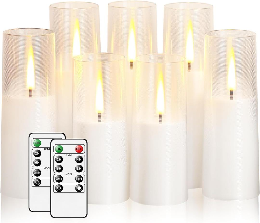 Flickering Flameless Candles 7Pcs Upgraded Realistic Dancing Flame Battery Operated Candles,LED Candles with Remote and Timers,Acrylic Electric Pillar Candles for Festivals Decor(White)