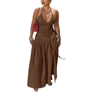 Two Piece Skirt Set Women Sexy Halter Backless Bodysuit and Wrap Tied High Split Summer Maxi Skirt Set (Brown), XL