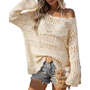 Vivilli Swimsuit Cover Up for Women Summer Crochet Beach Cover Up Off The Shoulder Knit Tops Vacation Outfits 2026 (Beige, M)