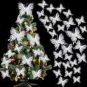 Jutom 36 Pcs Christmas Tree Butterfly Ornaments 3 Sizes 3D Glitter Hollow Butterfly Decorations Xmas Butterflies Wall Hanging Decor with Clips and Stems for Christmas Tree Wreath (White)