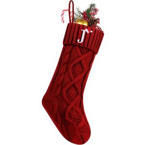 Personalized Christmas Stockings with Initials, 18 Inches Large Embroidered Monogrammed Cable Knit Christmas Stocking for Family, Xmas Holiday Party Gifts & Decoration for Fireplace(Burgundy,Letter J)