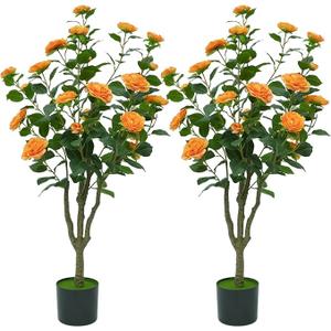 2PCS 4FT Artificial Camellia Tree, Orange Realistic Faux Camellia Plant, for Indoor Outdoor Home Office Porch Spring Decor