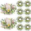 8 Pcs Summer Artificial Flowered Wreath Mini Floral Wedding Spring Candle Rings Wreaths Pillar Candle Holder for Porch Outside All Season Wedding Home Door Tabletop Decoration