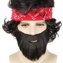 Mens Costume Wig and Fake Beard Turban Set Brown Short Curly Men Wigs for Halloween Cosplay Costume Party Funny Wigs