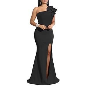 YMDUCH Women's Sexy Sleeveless One Shoulder Ruffle High Split Party Evening Long Formal Dress Black M