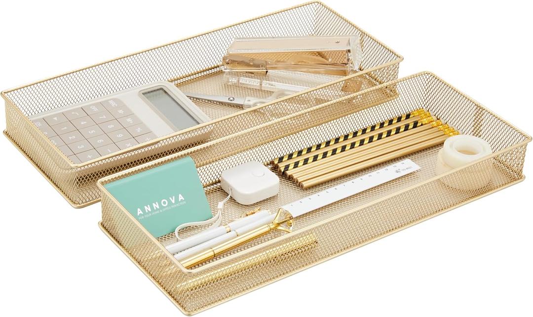Annova Mesh Stackable Drawer Cabinet and Shelf Organizer Bins Storage Basket School Office Supply Holder Tray- Set of 2 (Gold, 6x15x2 Inch)