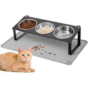 Elevated Cat Bowls with Food Mat, 10Tilted Non-Slip Raised Cat Food Water Bowls Set, 3 Thick Stainless Steel Pets Dishes with Cute Metal Feeding Stand for Indoor Kitten Puppy, Anti-Vomiting