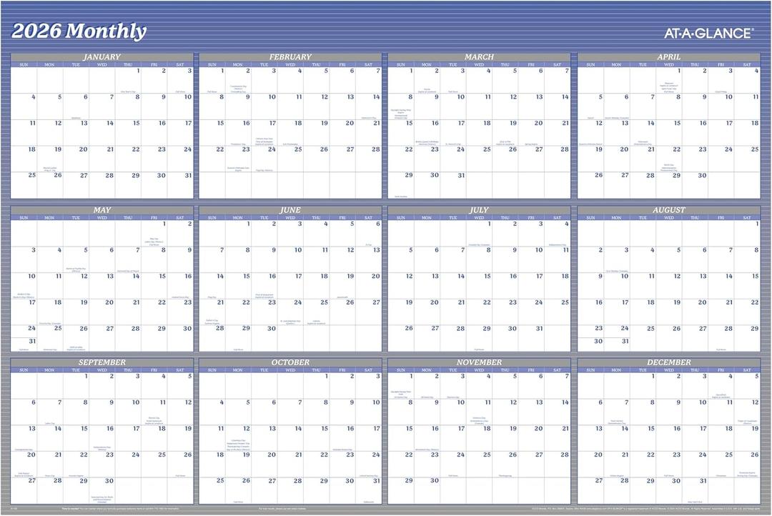 AT-A-GLANCE 2026 Wall Calendar, Dry Erase Wall Planner, Monthly, 48" x 32", Extra Large, Vertical/Horizontal, Reversible, 12-Month, Blue (A1152-26)