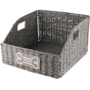 Geyecete Dog Toy Basket - Wicker Baskets for Organizing Pet Toys, Grey, Rectangular, Paper Rope, Rustic