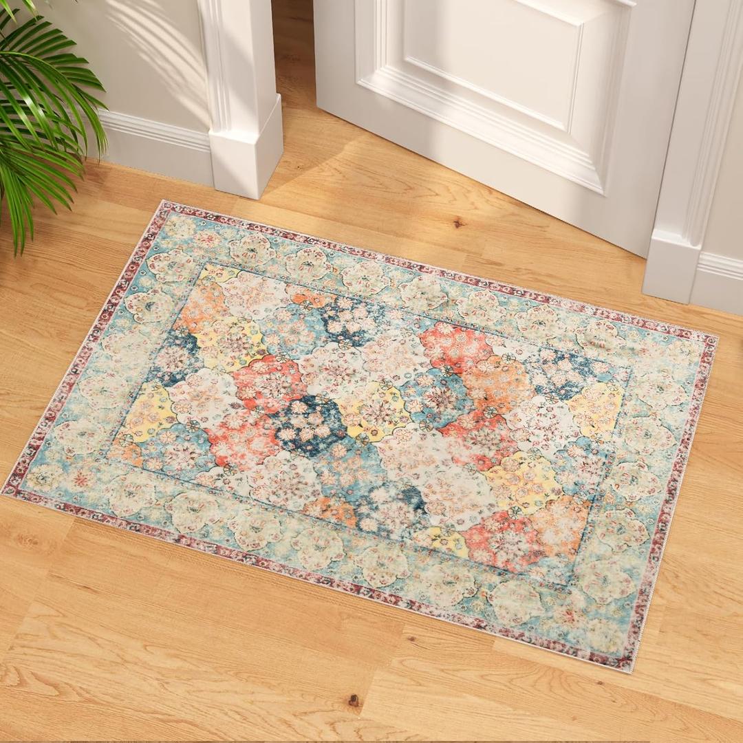 Vintage Rugs for Entryway, 2x4 Washable Low Pile Rug, Small Front Door Non-Slip Area Rug for Kitchen, Throw Rugs with Rubber Backing, Soft Boho Indoor Entrance Bedroom Entry Carpet mat (Cream/Red)