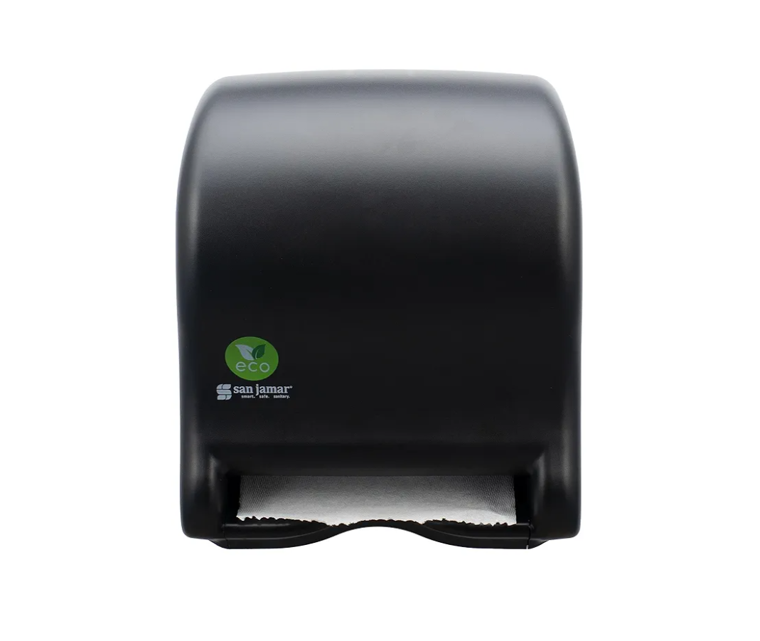 San Jamar Ecologic Tear-N-Dry Recycled Plastic Electronic Paper Towel Dispenser, Battery Powered Towel Dispenser, Wall Mounted Dispenser with Zero Waste for Home and Business, 10 Inch Rolls, Black