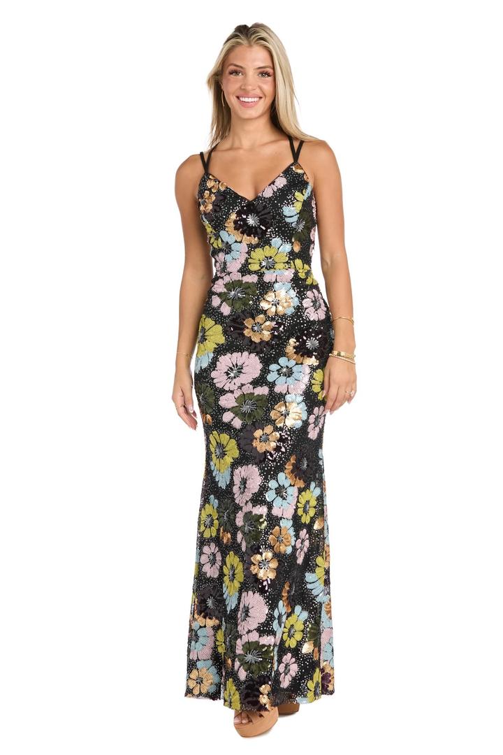 Black Sequin Floral Long Formal Dress with Strappy Back, Size XS