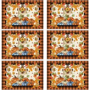 XCHI Fall Cross Pumpkin Maple Leaves Plaid Placemats Set of 6 Table Mats for Party Home Kitchen Dining Thanksgiving Table Decorations 12x18 Inch (Orange and Black)