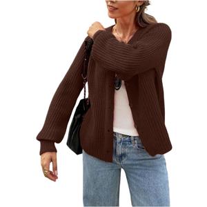 SOLY HUX Women's Chunky Knit Button Up Cardigans Crew Neck Long Sleeve Fall Sweater Outerwear (Coffee Brown)