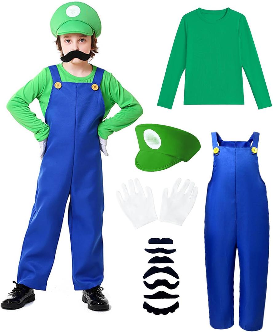 Halloween Costume Kids Plumber Jumpsuit with Hat Gloves Moustache Costume Accessories Set (Small(5-6 Years), Green)