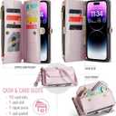 for iPhone 14 Pro Max Wallet Case with Zipper Card Holder & Crossbody Lanyard Strap & Wrist Strap, RFID Blocking PU Leather Magnetic Flip Handbag Purse Case for iPhone 14 Pro Max - Rose Gold