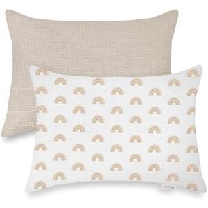 Wimist Toddler Pillowcases for 14"x20" Pillow 2 Pack, Muslin Small Toddler Baby Kids Travel Pillow Covers for Boys Girls with Envelope Closure (Beige & Rainbow, 14 x 20 Inch)