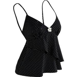 Verdusa Women's Polka Dots Ruffle Layered Camisole Tops Metal Flower Babydoll Tops (Black, S)