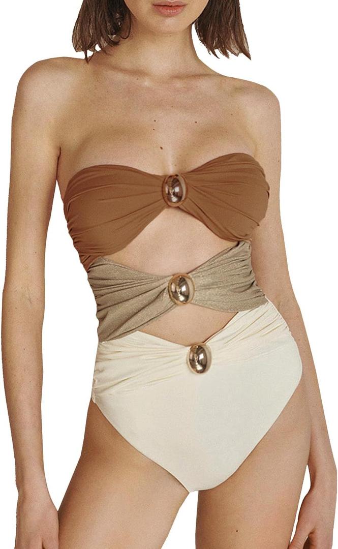 SherryDC Women's Cutout One Piece Swimsuit Bandeau Ruched Color Block High Waisted Bathing Suit with Removable Straps (Medium, 127-brown)
