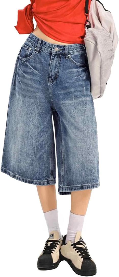 EMMIOL Machine Wash Y2K Jorts Women Wide Leg Baggy Long Jean Shorts Loose Fit Grunge Bermuda Denim Shorts, size 6