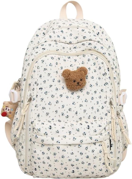 Women Nylon Backpack Floral Print Outdoor Camping Picnic Backpack (Blue)