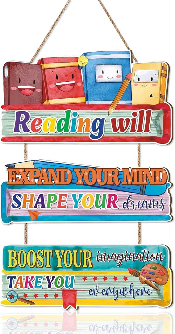 Reading Hanging Sign,Reading Classroom Decor,Reading Will Take You Everywhere Decor,Inspirational Quotes Wall Art,Library Sign Read Book,Classroom Poster Educational Plaque for Nursery Kids (Colourful)