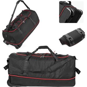 CONTAIL 32-Inch Rolling Duffle Bag, Expandable 110L-140L Capacity, Soft-Sided Foldable Design with Dual Wheels, No Traditional Telescoping Handle, for Travel, Business, Camping,Black-red