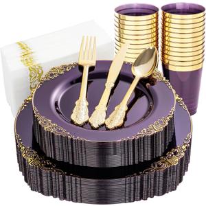 Nervure 175PCS Clear Purple Plastic Plates - Gold Plastic Plates for 25 Guests Include 25Dinner Plate, 25Dessert Plate, 25Cups, 75 Cutlery, 25Napkins Perfect for Wedding & Party