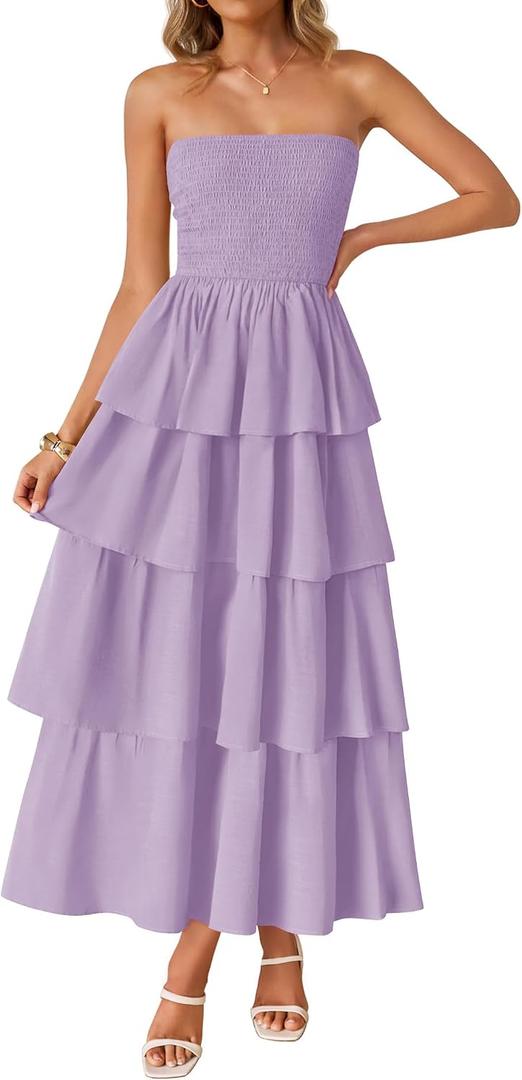 ZESICA Womens Summer Boho Strapless Maxi Dress 2026 Casual Sleeveless Off Shoulder Smocked Tiered Beach Long Sundress (Purple, S)