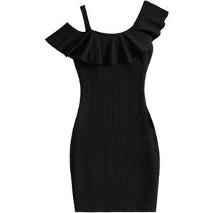SOLY HUX Girl's Cold Shoulder Ruffle Short Sleeve Bodycon Mini Dress Ribbed Knit Party Dress Pure Black 13-14Y