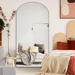 Arched Full Length Mirror, Wooden Thin Frame, 71"x32" Full Body, Hanging or Leaning Against Wall, Bedroom Floor Dressing, Black
