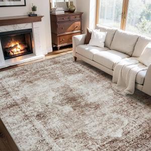 Brown Large 9x12 Area Rugs for Living Room Rug Bedroom Rug-Carpet Washable Distressed Neutral Vintage Dining Room Rugs for Under Table Soft Comfortable Non