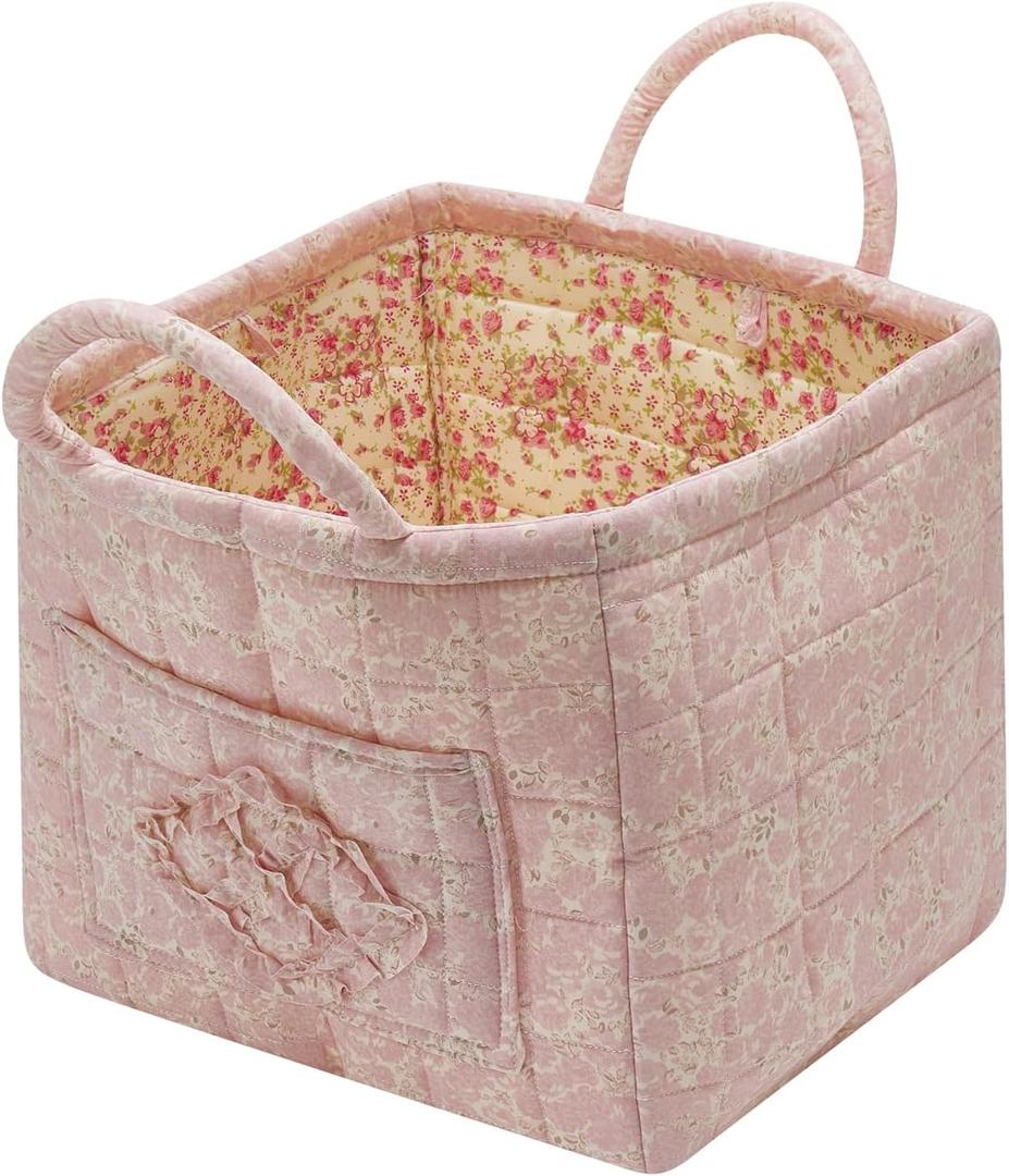 Boho Fabric Storage Basket Quilted Floral Print Baskets Organizer Bin with Handles for Home, Picnic, Shopping (Pink, L)