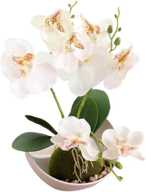 10.6 Inches Artificial Butterfly Flowers with Vase Potted Phalaenopsis Orchid Plant Silk Butterfly Orchid Flowers for Wedding Office Home Decor Indoor Centerpieces (White)