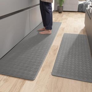 Color&Geometry Anti Fatigue Cushioned Checkered Designed Kitchen Mats Set, Easy Clean, Waterproof & Oil Proof Kitchen Floor Mat, Anti Slip Runner for Front Sink Comfort Standing,17x47+17x95,Grey