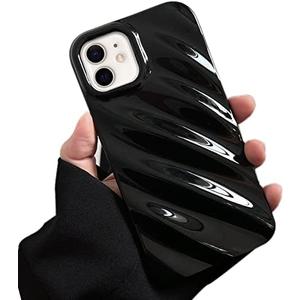 RALEAVO Cute Curly Wave Case for iPhone 12 6.1 inches, Water Ripple Pattern Phone Case Slim Shockproof Satin Glossy Cover for Girls Boys Silicone 3D Non-Slip Case -Black
