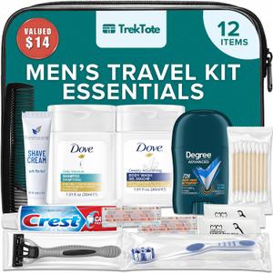 TrekTote 12 Piece Men’s Travel Toiletry Kit TSA Approved Travel Size Toiletries Set Hygiene Kit with Toothbrush Toothpaste Deodorant Razor Shampoo Conditioner