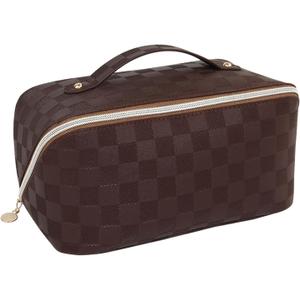 Travel Toiletry Bag Makeup Bag, Water-Resistent Cosmetic Bags for Women, Portable Pouch Open Flat Make Up Organizer Case, Cosmetic Bags, Brown Grid