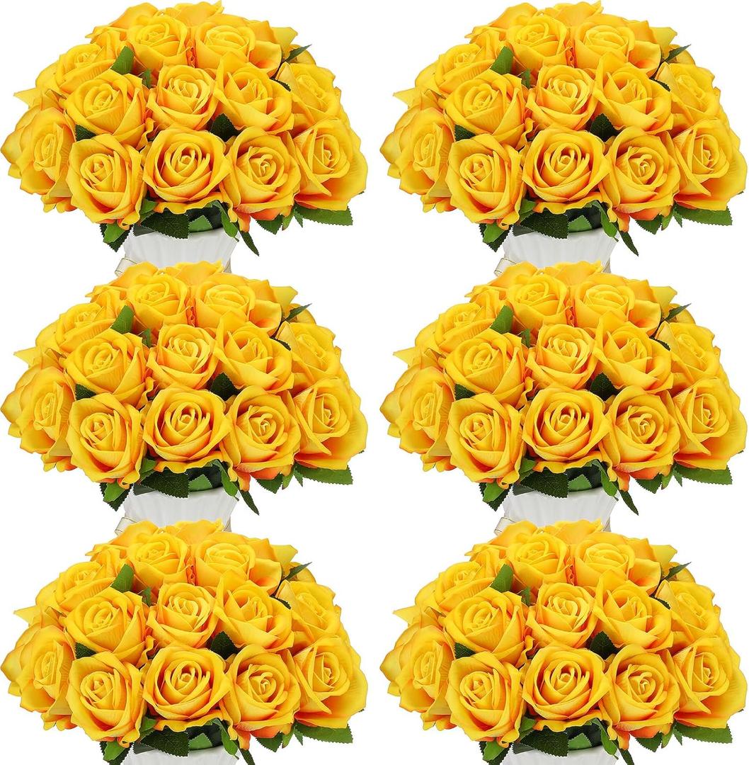 Jexine 50 Pcs Artificial Rose Flower Bulk Realistic Silk Fake Roses with Long Stem Plastic Artificial Flower Bouquet Real Looking for Home Wedding Centerpieces Party Decoration(Yellow)