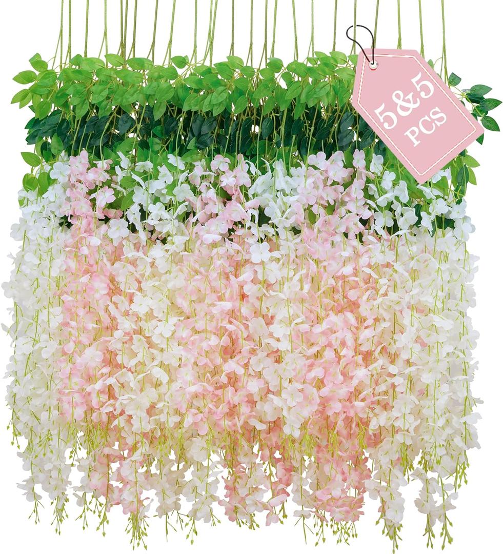 BLEUM CADE 10Pcs White & Pink Fake Wisteria Hanging Flowers, 3.6Ft/Pcs Artificial Wisteria Garland, Hanging Flowers for Wedding Party Home Backdrop Wall Decoration