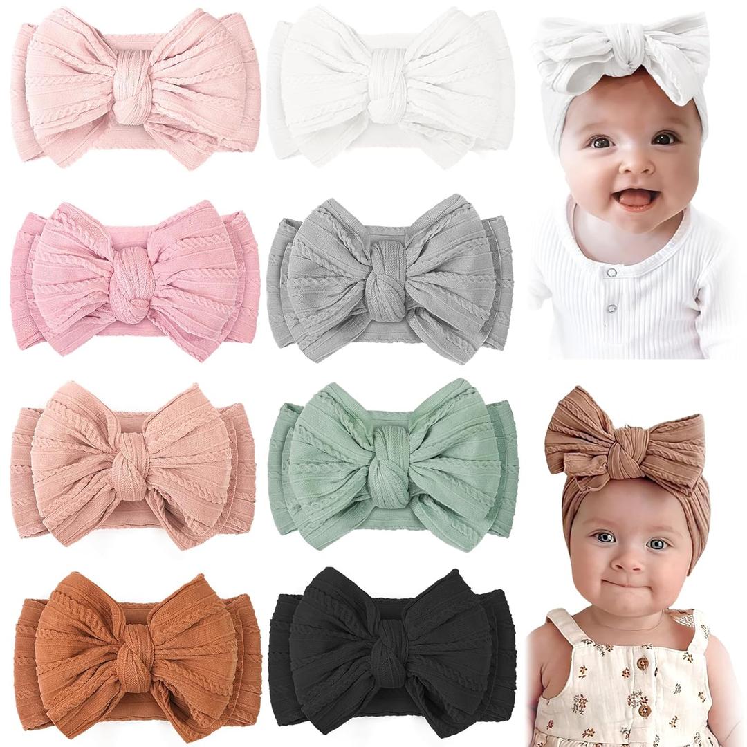 CLLOT 8 Pcs Super Stretchy Soft Handmade Headbands with Double Bows Head Wrap Nylon Hair Accessories For Newborn Babies Girls Infants Toddlers